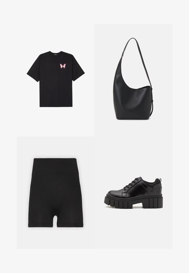 Melna kokvilnas T-krekls ar īsām piedurknēm, kuram priekšā kreisajā pusē ir neliels rozā tauriņa grafiskais attēls. Ar apaļu kaklu un brīvā stila piegriezumu.; Melnas ribiņas riteņbraukšanas šortus ar augstu jostasvietu un maigu tekstūru, ar gludu apdari un neredzamām šuvēm.; Melnas ādas platformas kurpes ar masīvu bloku papēdi, apaļu purngalu un tradicionālu saistīšanas dizainu. Izceļas ar gludu tekstūru un minimālu apdari.; Melnas ādas hobo soma ar gludu tekstūru, izliekta forma un vienu regulējamu jostu; augšā ir plaša atvere.