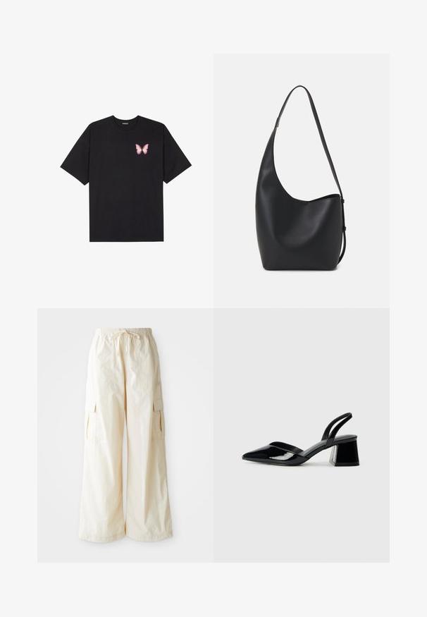 Fekete pamut póló rövid ujjakkal, bal mellkason egy kis rózsaszín pillangó grafikával. Kerek nyakú kialakítás, laza fazonnal.; Széles lábú cargo nadrág világos bézs színű anyagból, rugalmas derékkal, húzózsinórral és oldalzsebekkel. Simább textúrájú, minimális részletekkel.; Fekete lakk bőr szandálkés magas sarkú cipő, hegyes orral és geometrikus tömbsarkakkal. Karcsú, minimalista dizájn és sima textúra jellemzi.; Fekete bőr hobo táska sima textúrával, ívelt formával és egyetlen állítható pánttal; széles nyílás található a tetején.