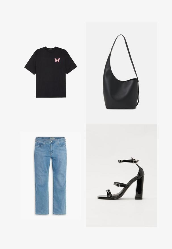 Black cotton t-shirt with short sleeves, featuring a small pink butterfly graphic on the left chest. Crew neck design with a relaxed fit.; Light blue straight-leg jeans with five pockets, button closure, and belt loops, made from denim with a soft texture and subtle fading.; Black patent heeled sandals with a square toe, ankle straps, and silver buckles. Features a chunky block heel for stability.; Black leather hobo bag with a smooth texture, curved shape, and single adjustable strap; features a wide opening at the top.