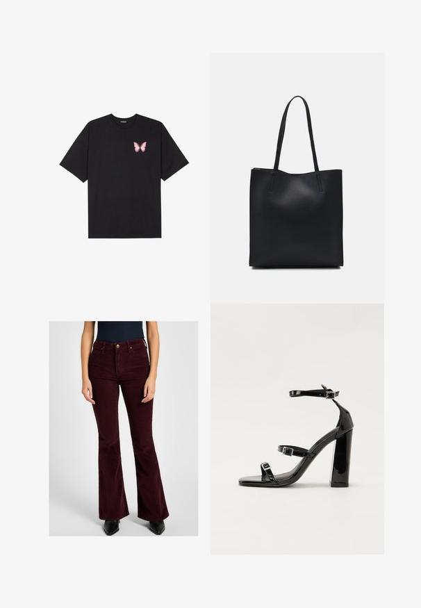 Melna kokvilnas T-krekls ar īsām piedurknēm, kuram priekšā kreisajā pusē ir neliels rozā tauriņa grafiskais attēls. Ar apaļu kaklu un brīvā stila piegriezumu.; Burgundijas krāsas korduroja platās bikses ar priekšējām kabatām, rāvējslēdzēja aizdari ar pogas aizdari un strukturētu apdari.; Melnas lakotas augstpapēžu čības ar kvadrāta purngalu, potīšu siksniņām un sudraba sprādzēm. Aprīkotas ar masīvu bloku papēdi stabilitātei.; Melnas ādas somiņa ar gludu tekstūru, taisnstūra formu un divām garām rokturiem. Nav redzamu aparatūras vai rotājumu.