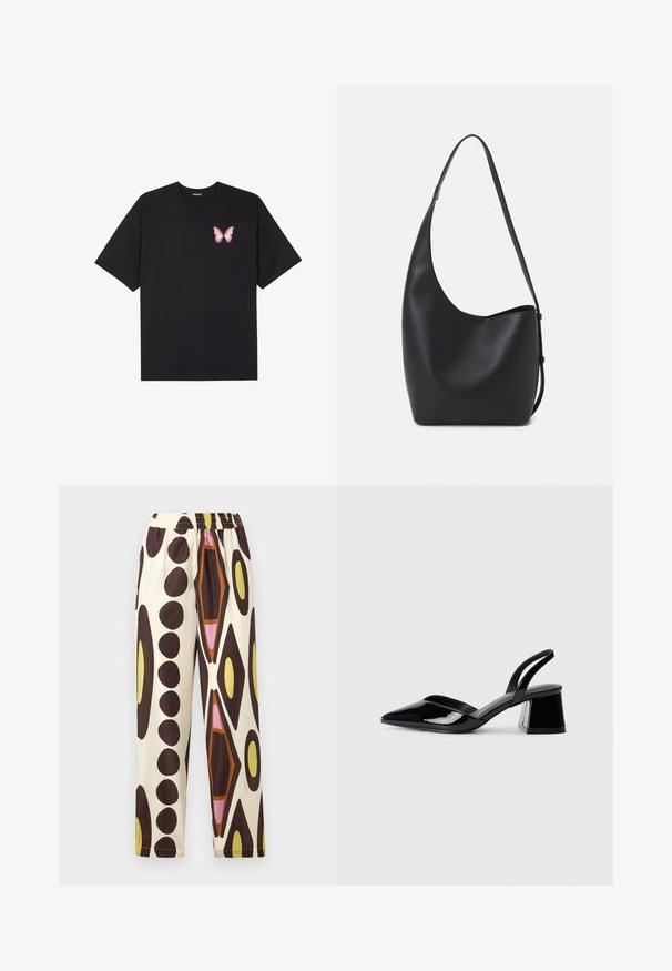 T-shirt en coton noir à manches courtes, avec un petit graphique de papillon rose sur la poitrine gauche. Modèle à col rond avec une coupe décontractée.; Pantalons à taille élastique en tissu léger, avec un fond crème et de grands motifs géométriques marron, jaune, rose et orange.; Escarpins en cuir verni noir avec bout pointu et talon bloc géométrique. Présente un design élégant et minimaliste ainsi qu'une texture lisse.; Sac hobo en cuir noir avec une texture lisse, une forme incurvée et une seule sangle réglable ; dispose d'une large ouverture en haut.