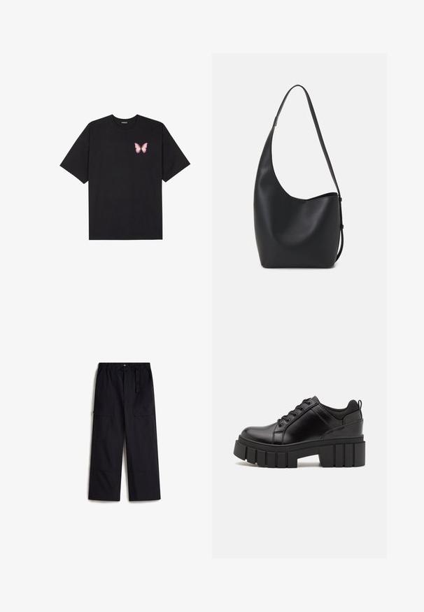 Černé bavlněné tričko s krátkým rukávem, na levém prsou s malou grafikou růžové motýlky. Design s kruhovým výstřihem a volným střihem.; Černé cargo kalhoty s elastickým pasem, nastavitelným opaskem a dvěma bočními kapsami. Vyrobeny z lehké, texturované látky.; Černé kožené platformové boty s masivním blokovým podpatkem, kulatou špičkou a tradičním šněrováním. Mají hladký povrch a minimální detaily.; Černá kožená hobo taška s hladkým povrchem, zakřiveným tvarem a jedním nastavitelným popruhem; má široké otevírání nahoře.
