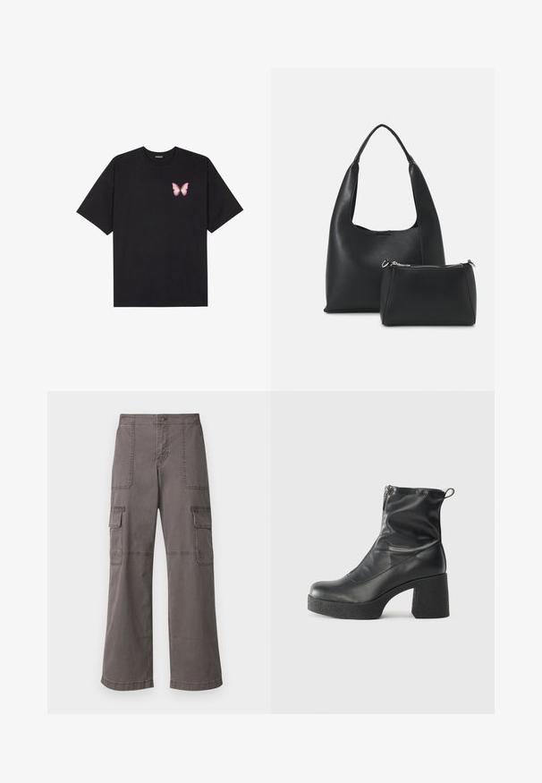 T-shirt de algodão preto com mangas curtas, apresentando um pequeno gráfico de borboleta rosa no lado esquerdo do peito. Design de gola redonda com um corte solto.; Calças de carga cinzentas, feitas de algodão, com um design de perna larga, apresentando dois bolsos frontais, dois bolsos laterais e detalhes de costura visíveis.; Botas de tornozelo pretas feitas de couro liso, com fecho lateral, salto grosso texturizado e design de bico arredondado.; Even&Odd Mala de mão - black