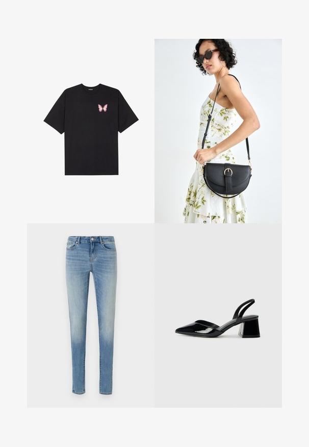 Camiseta de algodón negra de manga corta, con un pequeño gráfico de mariposa rosa en el lado izquierdo del pecho. Diseño de cuello redondo con un corte relajado.; Jeans ajustados de mezclilla azul claro, con un lavado desgastado, diseño clásico de cinco bolsillos y cremallera con botón.; Zapatos de tacón slingback de charol negro con punta afilada y tacón geométrico en bloque. Presentan un diseño elegante y minimalista, así como una textura suave.; Bolso de piel negra con forma curva, correa desmontable y herrajes dorados. El bolso cuenta con una solapa con un detalle de hebilla.