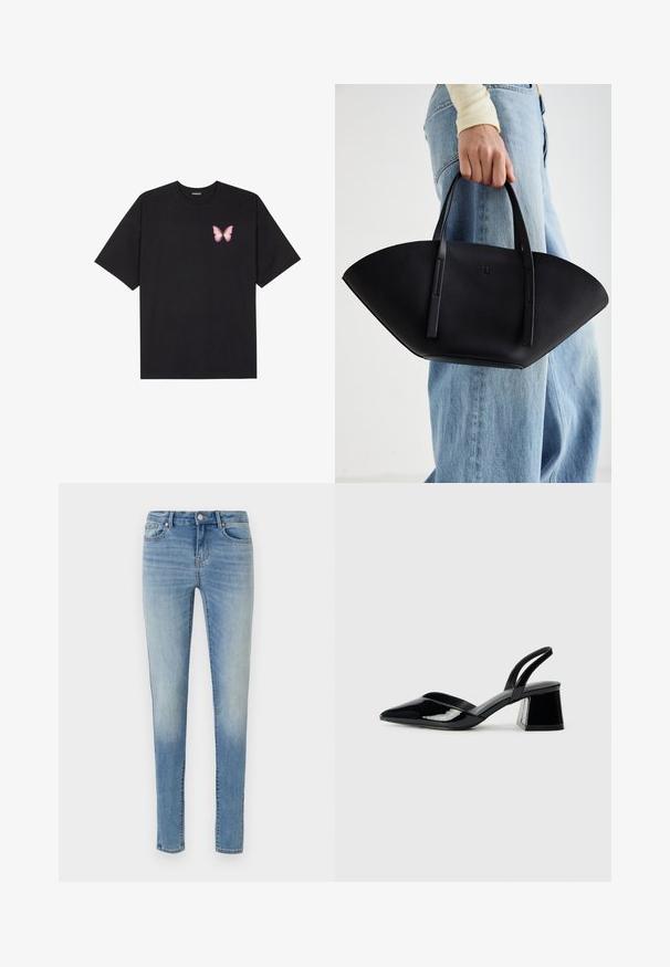 Crna pamučna majica s kratkim rukavima, s malim grafičkim prikazom ružičaste vjetricaste s desne strane na prsima. Dizajn s okruglim izrezom i opuštenim krojem.; Mršave traperice u svijetloplavoj boji, s ispucalim pranjem, klasičnim dizajnom s pet džepova i zatvaračem s dugmetom.; Crne lakirane kožne sandale s otvorenom petom i špicastim vrhom, s geometrijskom blok petom. Imaju elegantan, minimalistički dizajn i glatku teksturu.; Crna kožna torba jedinstvenog oblika ventilatora, s ravnim ručkama. Površina ima teksturu sličnu šljunku i minimalistički dizajn.