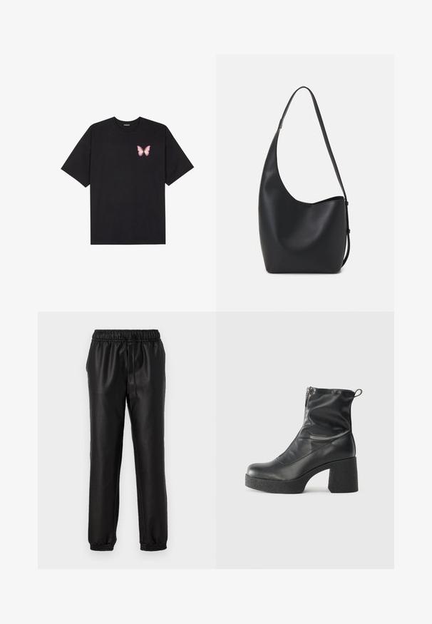 Sort bomulds T-shirt med korte ærmer, prydet med en lille pink sommerfugl grafik på venstre bryst. Rund hals design med en afslappet pasform.; Sorte syntetiske joggers med en glat tekstur, elastisk talje og sammensnørede manchetter. Har en snor til justerbar pasform.; Sorte ankelstøvler lavet af glat læder, med en sidelukning, kraftig struktureret hæl og rundt tådesign.; Sort læder hobo taske med en glat overflade, buet form og en enkelt justerbar rem; har en bred åbning øverst.