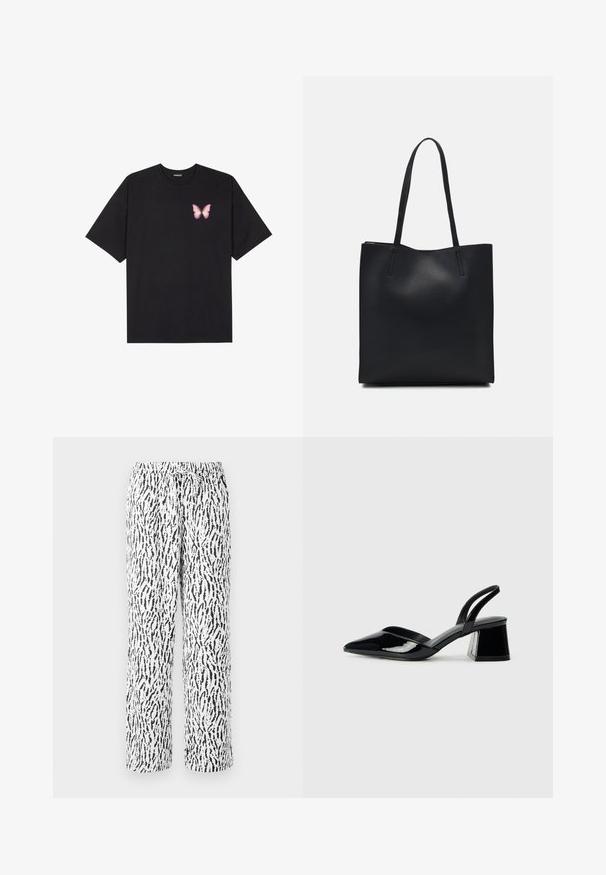 Black cotton t-shirt with short sleeves, featuring a small pink butterfly graphic on the left chest. Crew neck design with a relaxed fit.; Black and white patterned trousers with an elastic waistband and drawstring, featuring a loose, straight-leg design and soft texture.; Black patent leather slingback heels with a pointed toe and a geometric block heel. Features a sleek, minimal design and smooth texture.; Black leather tote bag with smooth texture, rectangular shape, and two long handles. No visible hardware or embellishments.
