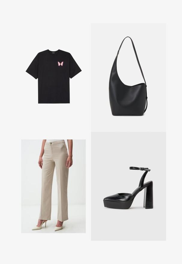 T-shirt nera in cotone con maniche corte, caratterizzata da una piccola grafica di una farfalla rosa sul lato sinistro del petto. Design a girocollo con una vestibilità rilassata.; Pantaloni beige a gamba dritta realizzati in misto cotone, con una texture liscia e chiusura frontale con bottone, abbinati a tacchi a punta bianchi.; Tacchi a piattaforma neri con punta appuntita e cinturino regolabile alla caviglia. Realizzati in pelle liscia, presentano un tacco a blocco spesso.; Borsa hobo nera in pelle con una superficie liscia, forma curvata e una singola tracolla regolabile; presenta un'ampia apertura nella parte superiore.