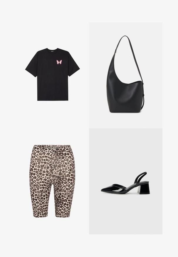 Black cotton t-shirt with short sleeves, featuring a small pink butterfly graphic on the left chest. Crew neck design with a relaxed fit.; Leopard print bike shorts with a black and beige color scheme, elastic waistband, and smooth texture. Mid-thigh length with a fitted design.; Black patent leather slingback heels with a pointed toe and a geometric block heel. Features a sleek, minimal design and smooth texture.; Black leather hobo bag with a smooth texture, curved shape, and single adjustable strap; features a wide opening at the top.