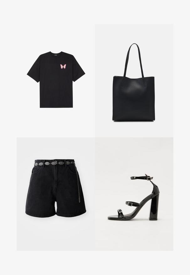 Črna bombažna majica s kratkimi rokavi, ki ima majhen roza metuljček na levi strani prsnega dela. Majica s krožnim ovratnikom in sproščenim krojem.; Črni denim kratke hlače z visokim pasom, sprednjimi žepi in okrasnim srebrnim verižnim pasom z ovalnimi detajli. Gladka tekstura.; Črne lakaste sandale z visokimi petami, z dvema trakovoma z zaponkama, kvadratnim sprednjim delom in masivno širšo peto, z gladko, sijočo teksturo.; Črna usnjena torba s svilnato teksturo, pravokotne oblike in dvema dolgima ročajema. Brez vidnih metalnih delov ali okrasnih elementov.