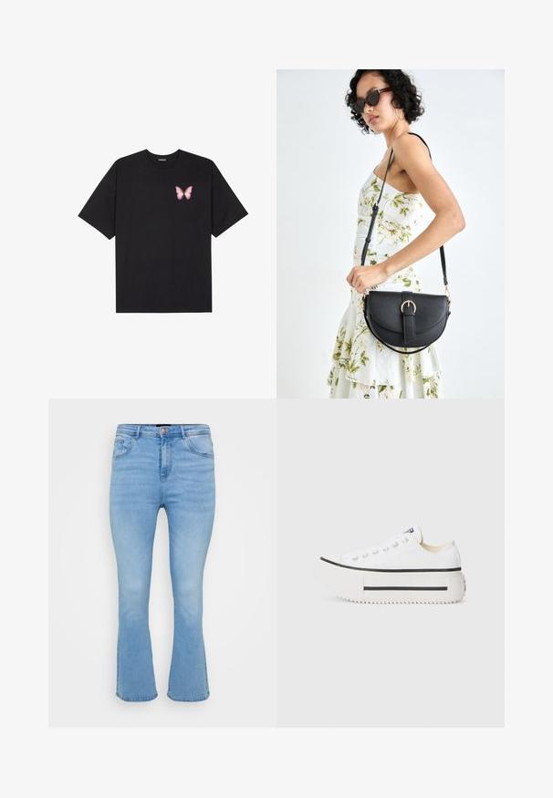 Svart bomulls T-skjorte med korte ermer, med en liten rosa sommerfugl grafikk på venstre bryst. Crew-neck design med en avslappet passform.; Lys blå, flagrende jeans i bomullsdenim. Har høy livhøyde, fem lommer og synlig søm langs sømmene og kanten.; Hvit kanvas plattform sneakers med svart gummisåle, rund tåhette og metalldetaljer, med et enkelt og rent design.; Svart lærveske med en buet form, avtagbar stropp og gullbeslag. Vesken har et klaff med spenne-detall.