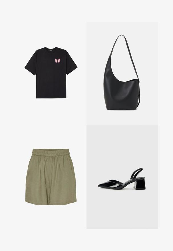 Black cotton t-shirt with short sleeves, featuring a small pink butterfly graphic on the left chest. Crew neck design with a relaxed fit.; Elastic-waist linen shorts in olive green, featuring a relaxed fit, casual draping, and tailored hem. Lightweight and breathable fabric.; Black patent leather slingback heels with a pointed toe and a geometric block heel. Features a sleek, minimal design and smooth texture.; Black leather hobo bag with a smooth texture, curved shape, and single adjustable strap; features a wide opening at the top.