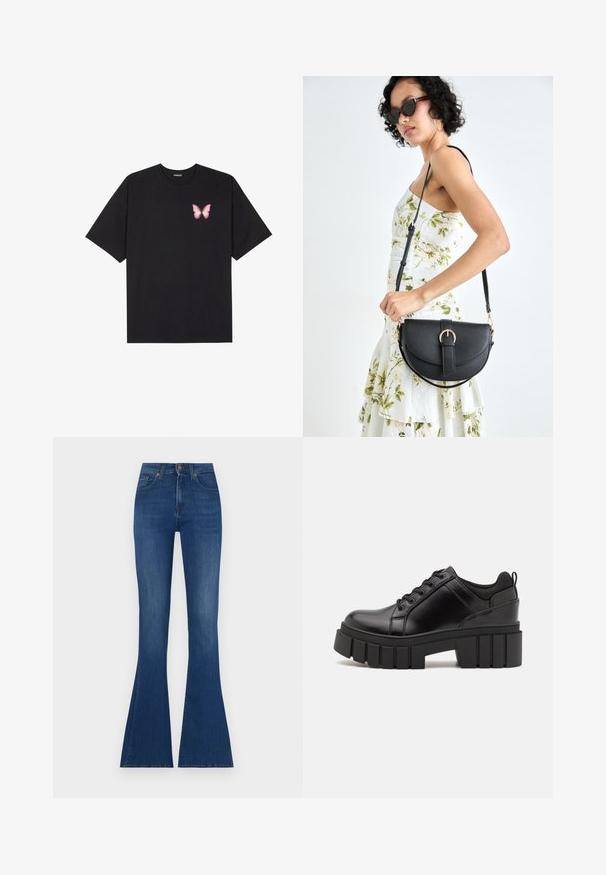 Black cotton t-shirt with short sleeves, featuring a small pink butterfly graphic on the left chest. Crew neck design with a relaxed fit.; Flares jeans in dark blue denim, high-waisted with a fitted top and wide flared bottoms, featuring subtle whiskering and classic stitching.; Black leather platform shoes with a chunky block heel, round toe, and traditional lace-up design. Features smooth texture and minimal detailing.; Black leather handbag with a curved shape, detachable strap, and gold hardware. The bag features a flap with a buckle detail.