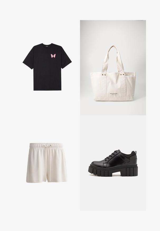 Sort bomulds T-shirt med korte ærmer, prydet med en lille pink sommerfugl grafik på venstre bryst. Rund hals design med en afslappet pasform.; Cremefarvede shorts lavet af blødt materiale, med elastisk talje og snøre samt en enkel nederdelsdesign.; Sorte læder platform sko med en klodset blokhæl, rund tå og traditionelt snøredesign. Har en glat tekstur og minimal detaljering.; Canvas tote taske i lys beige med to robuste håndtag, kontrasterende hvid trim og logoet "THE NORTH FACE" i sort foran.