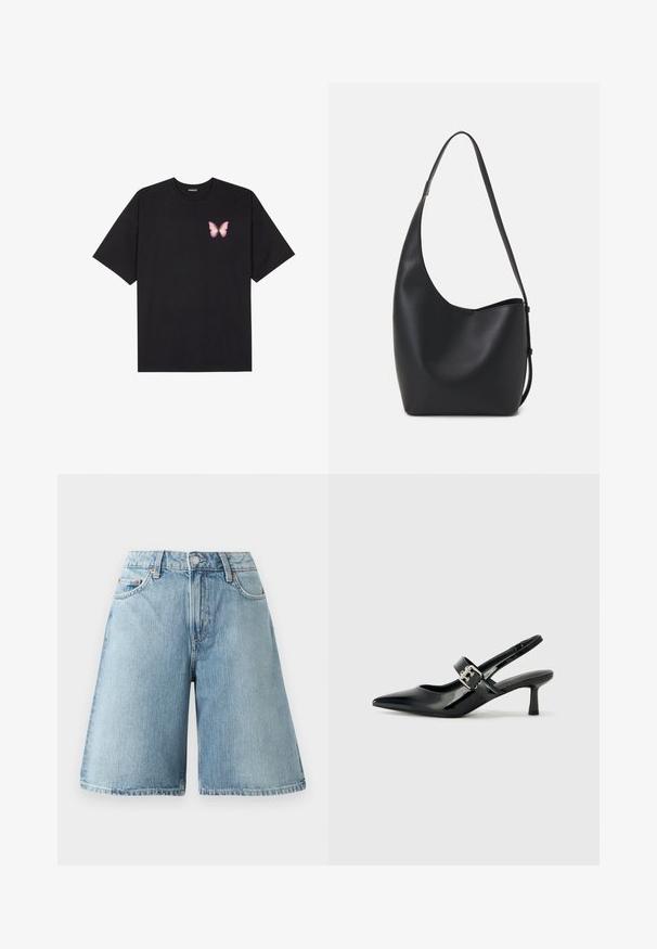 Juodas medvilnės marškinėliai trumpomis rankovėmis, su maža rožine drugelio grafika kairėje krūtinės pusėje. Apvalus kaklo iškirpimas, laisvas kirpimas.; Šviesiai mėlynos džinsinės šortai, laisvo silueto, vidutinio aukščio juosmuo, penki kišenės ir kontrastingi siuvinėjimo detalės. Audinys turi švelnų paviršių.; Juodai lakuoti slingback aukštakulniai su smailiu kojų pirštu ir mažais blokiniais kulniukais, su sidabro sagtimi ant dirželio.; Juodas odinis hobo maišas su lygiu paviršiumi, kreipta forma ir viena reguliuojama rankena; turi platų atidarymą viršuje.