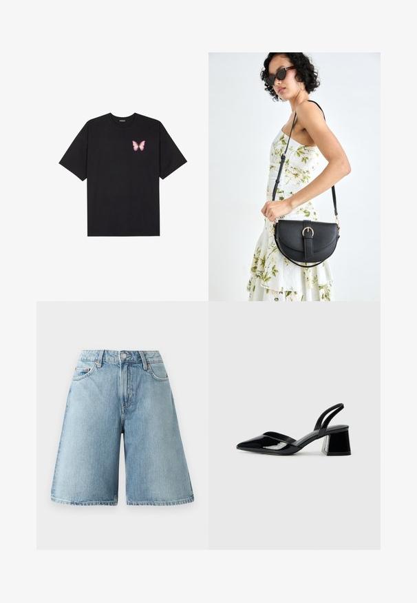 Camiseta de algodón negra de manga corta, con un pequeño gráfico de mariposa rosa en el lado izquierdo del pecho. Diseño de cuello redondo con un corte relajado.; Pantalones cortos de mezclilla azul claro con un ajuste holgado, cintura de altura media, cinco bolsillos y detalles de costura en contraste. La tela tiene una textura suave.; Zapatos de tacón slingback de charol negro con punta afilada y tacón geométrico en bloque. Presentan un diseño elegante y minimalista, así como una textura suave.; Bolso de piel negra con forma curva, correa desmontable y herrajes dorados. El bolso cuenta con una solapa con un detalle de hebilla.