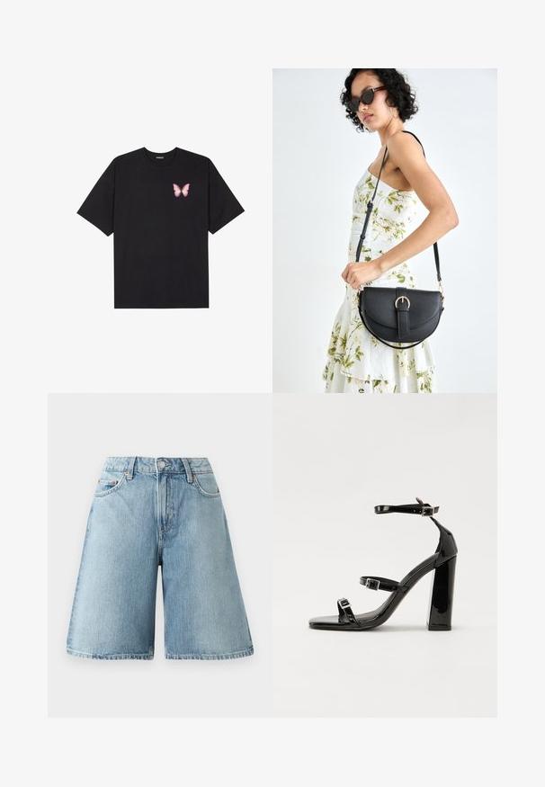 T-shirt en coton noir à manches courtes, avec un petit graphique de papillon rose sur la poitrine gauche. Modèle à col rond avec une coupe décontractée.; Shorts en denim bleu clair avec une coupe ample, taille mi-haute, cinq poches et des détails de couture contrastés. Le tissu a une texture douce.; Sandales à talons hauts en cuir verni noir avec deux brides à boucles, bout carré et talon bloc épais, présentant une texture lisse et brillante.; Sac à main en cuir noir avec une forme courbée, bandoulière amovible et des accessoires en or. Le sac est doté d'un rabat avec un détail de boucle.