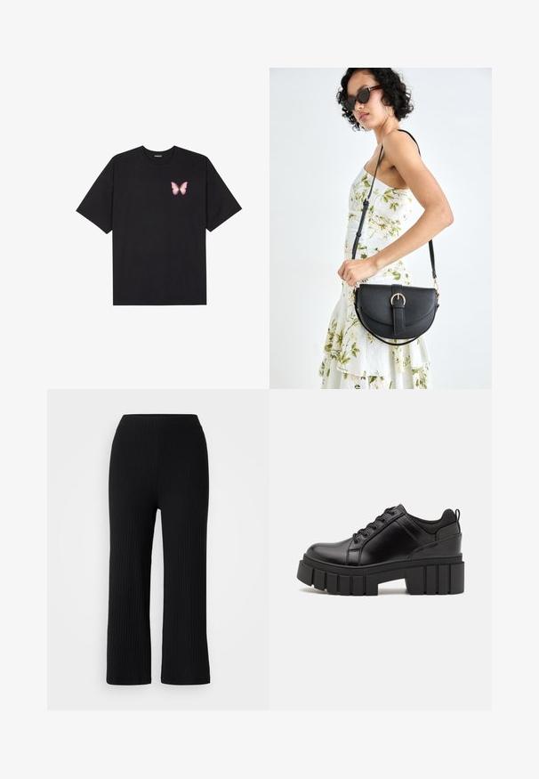 Black cotton t-shirt with short sleeves, featuring a small pink butterfly graphic on the left chest. Crew neck design with a relaxed fit.; Black ribbed wide-leg pants with an elastic waistband, featuring a textured fabric and a straight cut, suitable for casual wear.; Black leather platform shoes with a chunky block heel, round toe, and traditional lace-up design. Features smooth texture and minimal detailing.; Black leather handbag with a curved shape, detachable strap, and gold hardware. The bag features a flap with a buckle detail.