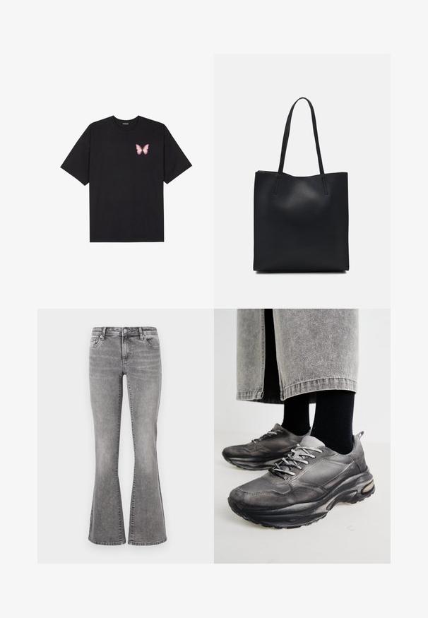 Svart bomulls T-skjorte med korte ermer, med en liten rosa sommerfugl grafikk på venstre bryst. Crew-neck design med en avslappet passform.; Grå denim flared jeans med mid-rise liv, fem lommer og en falmet vask. Har en knappelukking og beltehemper.; Sorte og grå treningssko har en mesh-overdel, tykke såler og snøring. De har en rund tå og synlige dempe detaljer.; Svart lær tote bag med glatt tekstur, rektangulær form og to lange håndtak. Ingen synlige deler eller dekorasjoner.