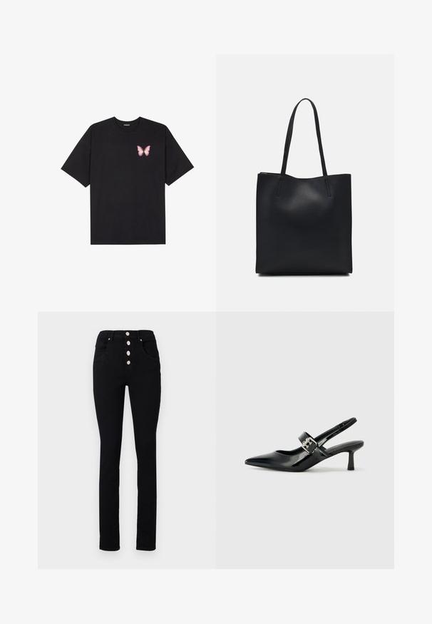 Black cotton t-shirt with short sleeves, featuring a small pink butterfly graphic on the left chest. Crew neck design with a relaxed fit.; Black high-waisted jeans with a slim fit, featuring five silver snap buttons, and front pockets. Smooth denim texture without patterns.; Black patent leather slingback heels with a pointed toe and a small block heel, featuring a silver buckle accent on the strap.; Black leather tote bag with smooth texture, rectangular shape, and two long handles. No visible hardware or embellishments.