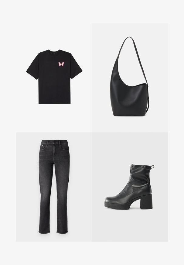 Črna bombažna majica s kratkimi rokavi, ki ima majhen roza metuljček na levi strani prsnega dela. Majica s krožnim ovratnikom in sproščenim krojem.; Črne jeans hlače s ravnim krojem, ki imajo standarden pas, pet žepov in subtilne detajle na šivanju.; Črne gležnjarje iz gladke kože z božnim zadrgo, masivnim teksturiranim peto in zaobljeno obliko prstov.; Črna usnjena hobo torba z gladko teksturo, ukrivljeno obliko in eno nastavljivo naramnico; ima širok odprtina na vrhu.