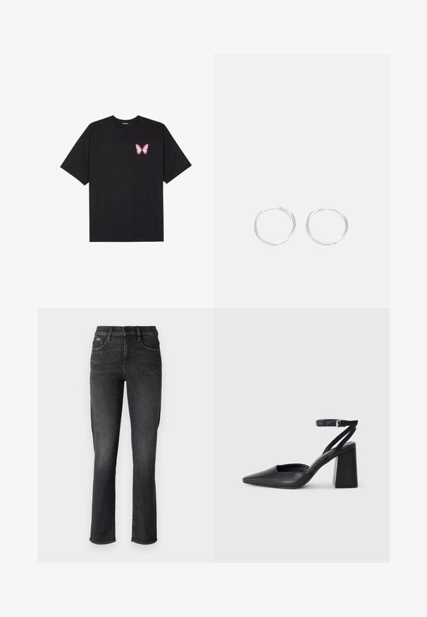 Tricou negru din bumbac cu mâneci scurte, având pe partea stângă a pieptului un mic grafic cu un fluture roz. Design cu guler rotund și croială lejeră.; Jeans negri din denim cu un design drept, având o talie standard, cinci buzunare și detalii de cusătură subtile.; Pantofii cu toc ascuțit din piele neagră, cu breteaua pentru glezne și toc gros. Textură netedă, design elegant și estetică minimală.; Cercei din argint cu un design elegant și rotund, având o suprafață netedă și fără embellismente vizibile. Diametrul nu este specificat.