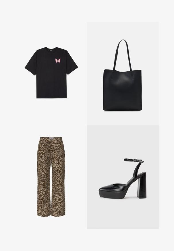 Black cotton t-shirt with short sleeves, featuring a small pink butterfly graphic on the left chest. Crew neck design with a relaxed fit.; Leopard-print wide-leg pants in a tan and black color scheme, featuring a classic waistband and a casual, loose fit.; Black platform heels with a pointed toe and adjustable ankle strap. Constructed from smooth leather, featuring a chunky block heel.; Black leather tote bag with smooth texture, rectangular shape, and two long handles. No visible hardware or embellishments.