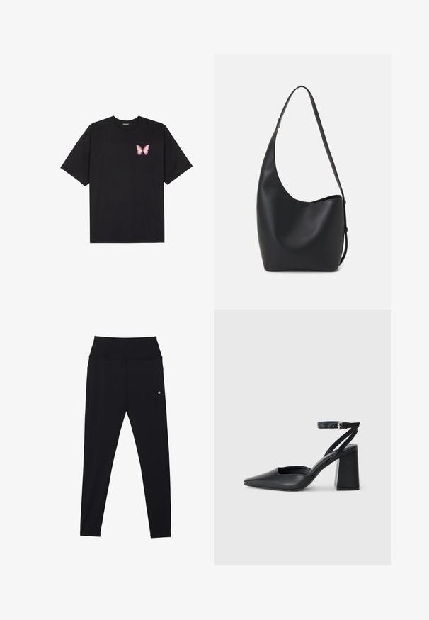 Tricou negru din bumbac cu mâneci scurte, având pe partea stângă a pieptului un mic grafic cu un fluture roz. Design cu guler rotund și croială lejeră.; Leggings negre dintr-un material elastic, cu o talie lată, fără cusături și un detaliu minimal cu logo alb aproape de șold. Textură netedă.; Pantofii cu toc ascuțit din piele neagră, cu breteaua pentru glezne și toc gros. Textură netedă, design elegant și estetică minimală.; Geantă hobo din piele neagră, cu o textură netedă, formă curbată și un singur bretele ajustabil; are o deschidere largă în partea de sus.