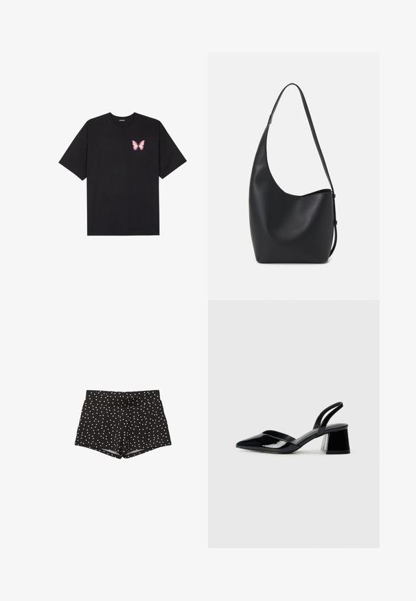 Schwarzes Baumwoll-T-Shirt mit kurzen Ärmeln, das ein kleines pinkes Schmetterlingsmotiv auf der linken Brust zeigt. Crewneck-Design mit einem entspannten Schnitt.; Schwarze hochtaillierte Shorts mit weißen Punkten, flacher Vorderseite und einer taillierten Silhouette, gezeigt vor einem weißen Hintergrund.; Schwarze Lackleder-Slingback-High Heels mit spitzem Schuh und einem geometrischen Blockabsatz. Verfügt über ein schlankes, minimalistisches Design und eine glatte Textur.; Schwarze Leder-Hobo-Tasche mit einer glatten Textur, geschwungener Form und einem einzelnen verstellbaren Tragegurt; verfügt über eine weite Öffnung am oberen Ende.