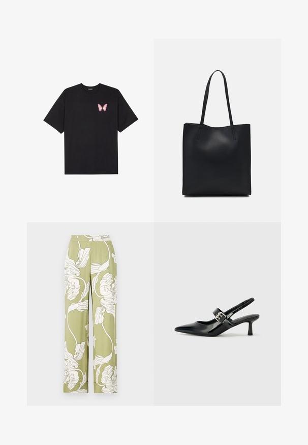 Black cotton t-shirt with short sleeves, featuring a small pink butterfly graphic on the left chest. Crew neck design with a relaxed fit.; Floral wide-leg trousers in light green with white botanical prints. Features an elastic waistband and soft, textured fabric.; Black patent leather slingback heels with a pointed toe and a small block heel, featuring a silver buckle accent on the strap.; Black leather tote bag with smooth texture, rectangular shape, and two long handles. No visible hardware or embellishments.