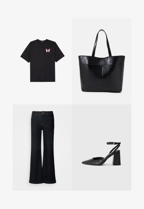 Black cotton t-shirt with short sleeves, featuring a small pink butterfly graphic on the left chest. Crew neck design with a relaxed fit.; Mos Mosh DELUXE - Relaxed fit jeans - dark blue; Black leather pointy-toe pump with an ankle strap and a chunky heel. Flat texture, sleek design, and minimalistic aesthetics.; Black leather tote bag with two long handles, a smooth texture, and a structured shape. Features a front pocket for additional storage.
