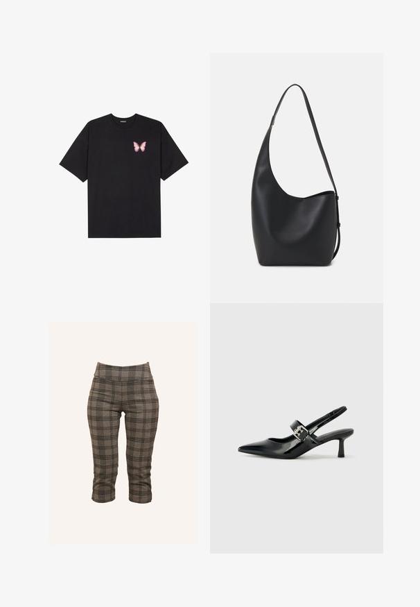 Čierne bavlnené tričko s krátkymi rukávmi, s malým ružovým motýlikom na ľavej hrudi. Design s okrúhlym výstrihom a uvoľneným strihom.; Šedé kárované skrátené nohavice s elastickým pásom, priliehavým strihom a textúrovanou tkaninou s čiernymi a svetle šedými akcentami.; Čierne patentové kožené sandále na podpätku so špicatou špičkou a malým blokovým podpätkom, s dekoratívnou striebornou sponou na remienku.; Čierna kožená hobo taška so hladkou textúrou, zakriveným tvarom a jedným nastaviteľným popruhom; má široké otvorenie na vrchu.