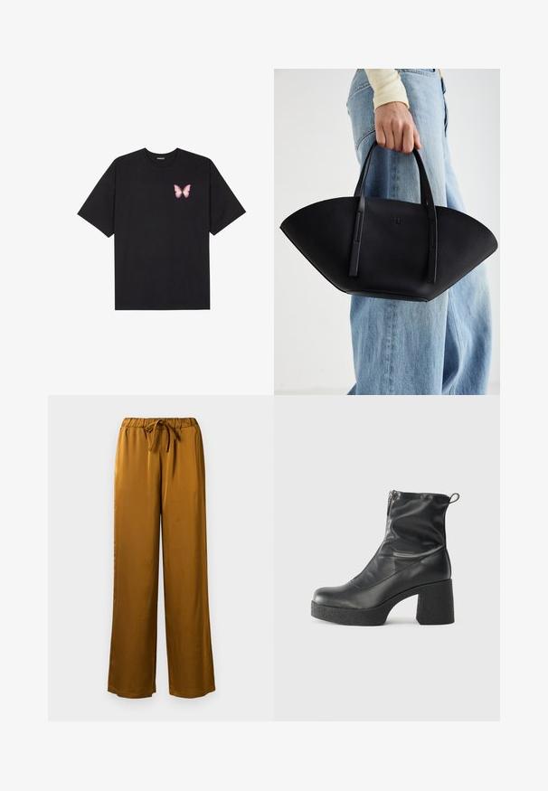 Fekete pamut póló rövid ujjakkal, bal mellkason egy kis rózsaszín pillangó grafikával. Kerek nyakú kialakítás, laza fazonnal.; Barna selyem széles szárú nadrág, rugalmas derékkal és húzózsinórral. Sima textura és teljes hosszúságú dizájn, laza szabású.; Fekete bokacsizmák sima bőrből, oldalsó cipzárral, vastag, texturált sarkú és lekerekített orrú dizájnnal.; Fekete bőr kézitáska egyedi legyezőformával, lapos füllel. A felülete kőriszerű textúrájú és minimalista dizájnnal rendelkezik.