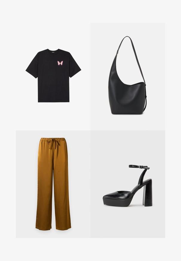 Juodas medvilnės marškinėliai trumpomis rankovėmis, su maža rožine drugelio grafika kairėje krūtinės pusėje. Apvalus kaklo iškirpimas, laisvas kirpimas.; Rudi satino plates su plačiu kojų kirpimu, su elastinga juosta ir pintuku. Glotni tekstūra ir pilno ilgio dizainas su laisvu kirpimu.; Juodi platforminiai aukšti kulniukai su smailiu kojų pirštu ir reguliuojamu kulkšnies dirželiu. Pagaminti iš lygaus odos, turi masyvų blokinį kulną.; Juodas odinis hobo maišas su lygiu paviršiumi, kreipta forma ir viena reguliuojama rankena; turi platų atidarymą viršuje.