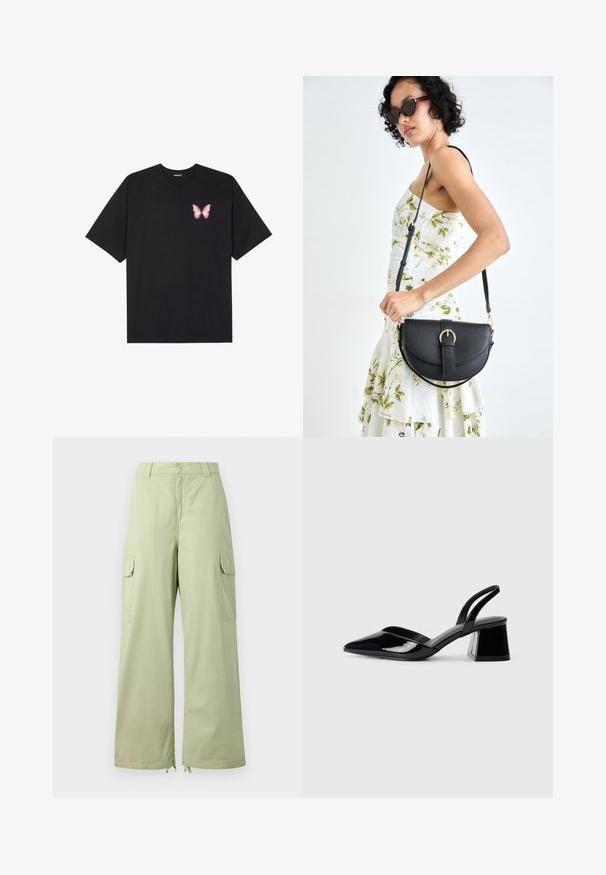 Crna pamučna majica s kratkim rukavima, s malim grafičkim prikazom ružičaste vjetricaste s desne strane na prsima. Dizajn s okruglim izrezom i opuštenim krojem.; Svijetlozelene cargo hlače širokih nogavica, napravljene od pamuka. Imaju dva bočna džepa i kopčanje na dugme. Glatka tekstura i ležeran dizajn.; Crne lakirane kožne sandale s otvorenom petom i špicastim vrhom, s geometrijskom blok petom. Imaju elegantan, minimalistički dizajn i glatku teksturu.; Crna kožna torba s lukovitim oblikom, odvojivim remenom i zlatnim detaljima. Torba ima preklop s kopčom.