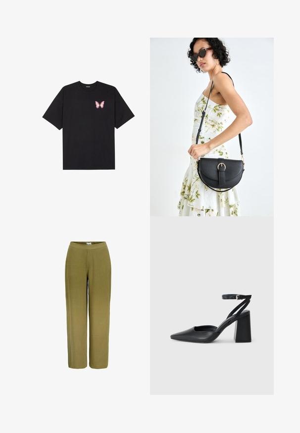 Must muströöpidega must puuvillane T-särk, vasakul rinnal on väike roosa liblikas. Ümar kaelus ja vabalt istuv lõige.; Laia püksid oliivrohelises värvitoonis. Valmistatud tekstuursest kangast, millel on elastne vöökoht, sujuva viimistluse ja nähtavate detailideta.; Mustmustest must-käigukingad, millel on konksuga nöör ja paks konts. Ühtlane tekstuur, stiilne disain ja minimalistlik esteetika.; Mustmust mustraha kõverate joontega, eemaldatava rihmaga ja kuldsete detailidega. Kotil on klapp, millel on pandladetail.