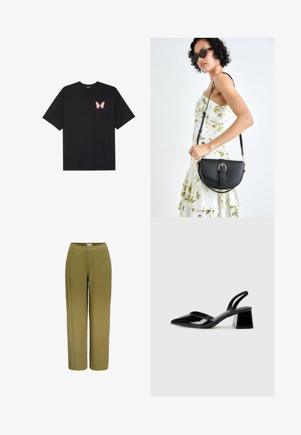 Crna pamučna majica s kratkim rukavima, s malim grafičkim prikazom ružičaste vjetricaste s desne strane na prsima. Dizajn s okruglim izrezom i opuštenim krojem.; Hlače širokog kroja u maslinastoj zelenoj boji. Izrađene od teksturirane tkanine s elastičnim pojasom, s glatkom površinom i bez vidljivih metalnih dijelova.; Crne lakirane kožne sandale s otvorenom petom i špicastim vrhom, s geometrijskom blok petom. Imaju elegantan, minimalistički dizajn i glatku teksturu.; Crna kožna torba s lukovitim oblikom, odvojivim remenom i zlatnim detaljima. Torba ima preklop s kopčom.