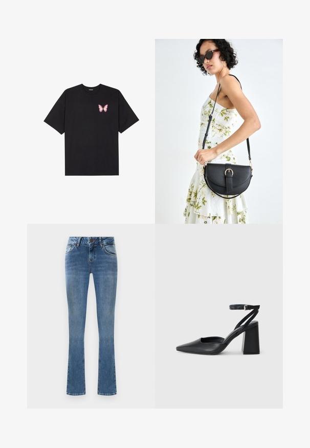 Črna bombažna majica s kratkimi rokavi, ki ima majhen roza metuljček na levi strani prsnega dela. Majica s krožnim ovratnikom in sproščenim krojem.; Svetlo modri flared jeans iz denima z petimi žepi, gumbom za zapiranje in rumenimi šivi. Tkanina ima gladko teksturo.; Črne usnjene klasične čevlje z ostrim nosom, z zaponko za gleženj in debelim peto. Ravna tekstura, eleganten dizajn in minimalistična estetika.; Črna usnjena torbica s ukrivljeno obliko, z odstranljivo naramnico in zlatimi dodatki. Torbica ima pokrov s podrobnostmi v obliki zaponke.