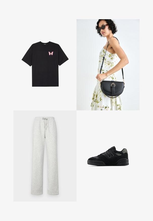 Black cotton t-shirt with short sleeves, featuring a small pink butterfly graphic on the left chest. Crew neck design with a relaxed fit.; Gina Tricot Tall BASIC STRAIGHT - Tracksuit bottoms - grey; Black low-top sneaker with textured sole, lace-up design, suede panels, and patterned accents on heel and side logo.; Black leather handbag with a curved shape, detachable strap, and gold hardware. The bag features a flap with a buckle detail.