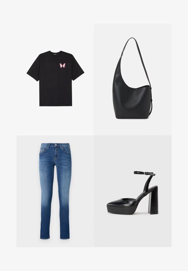 Black cotton t-shirt with short sleeves, featuring a small pink butterfly graphic on the left chest. Crew neck design with a relaxed fit.; Blue denim jeans featuring a slim fit, mid-rise waist, five pockets, and light fading effect from thigh to hem.; Black platform heels with a pointed toe and adjustable ankle strap. Constructed from smooth leather, featuring a chunky block heel.; Black leather hobo bag with a smooth texture, curved shape, and single adjustable strap; features a wide opening at the top.