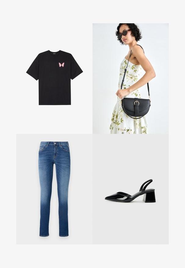Black cotton t-shirt with short sleeves, featuring a small pink butterfly graphic on the left chest. Crew neck design with a relaxed fit.; Blue denim jeans featuring a slim fit, mid-rise waist, five pockets, and light fading effect from thigh to hem.; Black patent leather slingback heels with a pointed toe and a geometric block heel. Features a sleek, minimal design and smooth texture.; Black leather handbag with a curved shape, detachable strap, and gold hardware. The bag features a flap with a buckle detail.