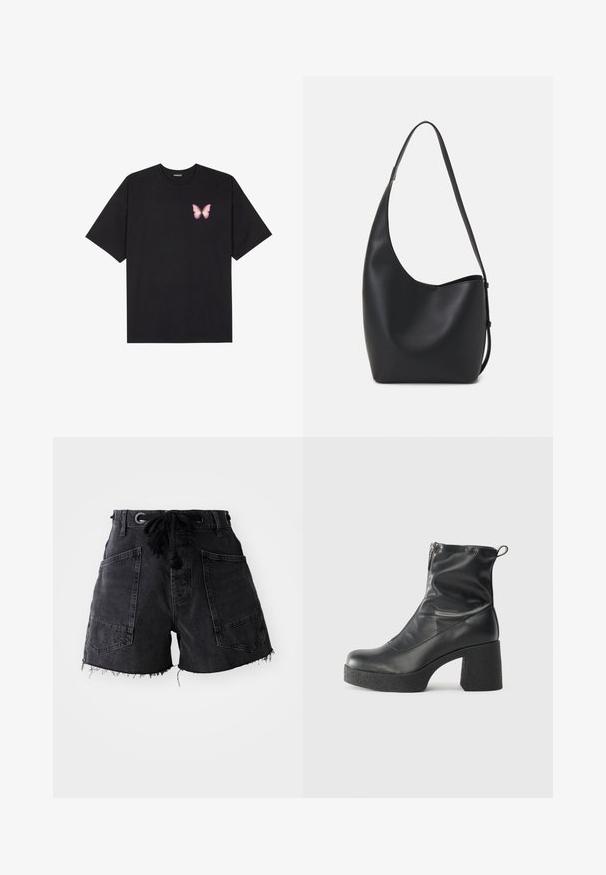 Μαύρο βαμβακερό μπλουζάκι με κοντά μανίκια, διαθέτοντας ένα μικρό ροζ γραφικό πεταλούδας στο αριστερό στήθος. Σχέδιο με στρογγυλή λαιμόκοψη και άνετη εφαρμογή.; Μαύρες τζιν σορτς με κατεστραμμένο στρίφωμα, διαθέτουν δύο μεγάλες μπροστινές τσέπες και μέση με κορδόνι. Το υλικό έχει υφή.; Μαύρες μποτές μέχρι τον αστράγαλο από λείο δέρμα, με πλευρικό φερμουάρ, χοντρό υφασμάτινο τακούνι και στρογγυλή μύτη.; Μαύρη δερμάτινη tote τσάντα με λείο υφή, καμπύλο σχήμα και μία ρυθμιζόμενη ζώνη. Διαθέτει μεγάλη άνοιγμα στην κορυφή.