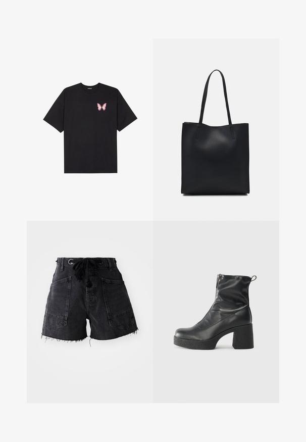 Svart bomulls T-skjorte med korte ermer, med en liten rosa sommerfugl grafikk på venstre bryst. Crew-neck design med en avslappet passform.; Sorte denimshorts med frynset kant, med to store frontlommer og drapert midje. Materialet har en teksturert overflate.; Svarte ankelstøvler laget av glatt lær, med glidelås på siden, chunky strukturert hæl, og rund tå-design.; Svart lær tote bag med glatt tekstur, rektangulær form og to lange håndtak. Ingen synlige deler eller dekorasjoner.