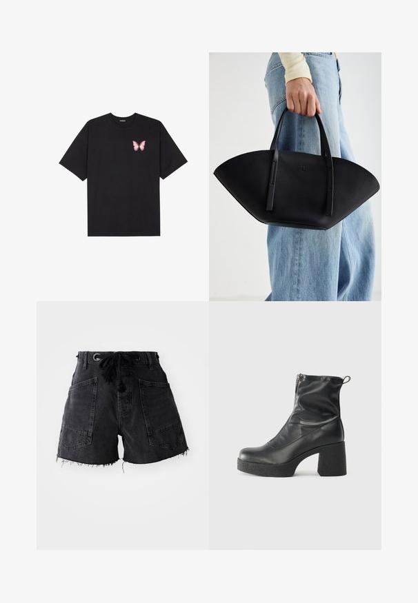 Camiseta de algodón negra de manga corta, con un pequeño gráfico de mariposa rosa en el lado izquierdo del pecho. Diseño de cuello redondo con un corte relajado.; Pantalones cortos de mezclilla negra con dobladillo deshilachado, que cuentan con dos grandes bolsillos frontales y una cintura con cordón. El material tiene un acabado texturizado.; Botines negros de tobillo, hechos de cuero suave, con cierre lateral, tacón grueso texturizado y diseño de punta redondeada.; Bolso de mano de cuero negro con una forma de abanico única, que cuenta con asas planas. La superficie tiene una textura de grano y un diseño minimalista.