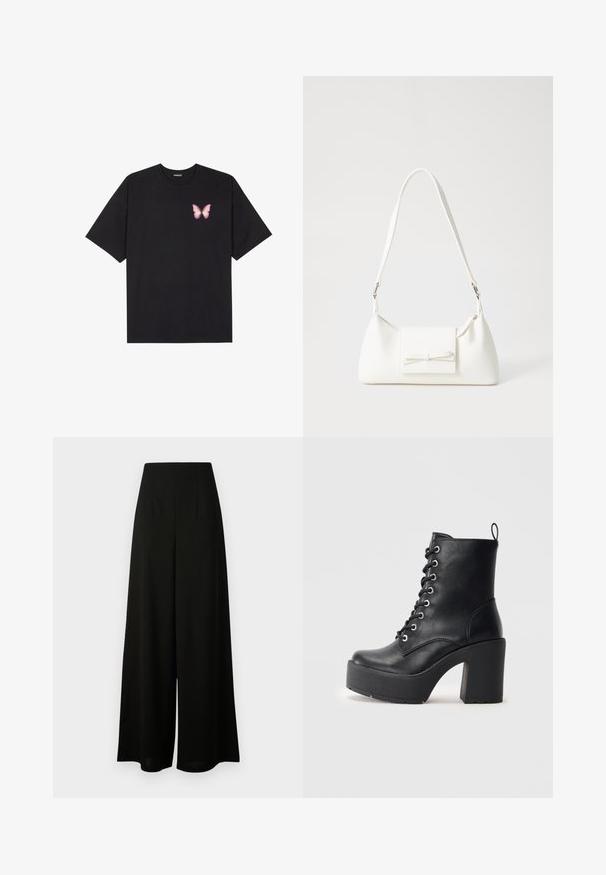 Čierne bavlnené tričko s krátkymi rukávmi, s malým ružovým motýlikom na ľavej hrudi. Design s okrúhlym výstrihom a uvoľneným strihom.; Vero Moda Tall VMLIVA SUPER WIDE PANTS - Nohavice - black; Čierne kožené členkové topánky s objemným blokovým podpätkom, šnurovaním vpredu a textúrovým povrchom. Obsahuje pútko na zadnej strane pre jednoduché obúvanie.; Biela syntetická kabelka s trojuholníkovým tvarom, plochým predným klapkou a detailom mašle, nastaviteľným popruhom, hladkou textúrou a minimalistickým dizajnom.