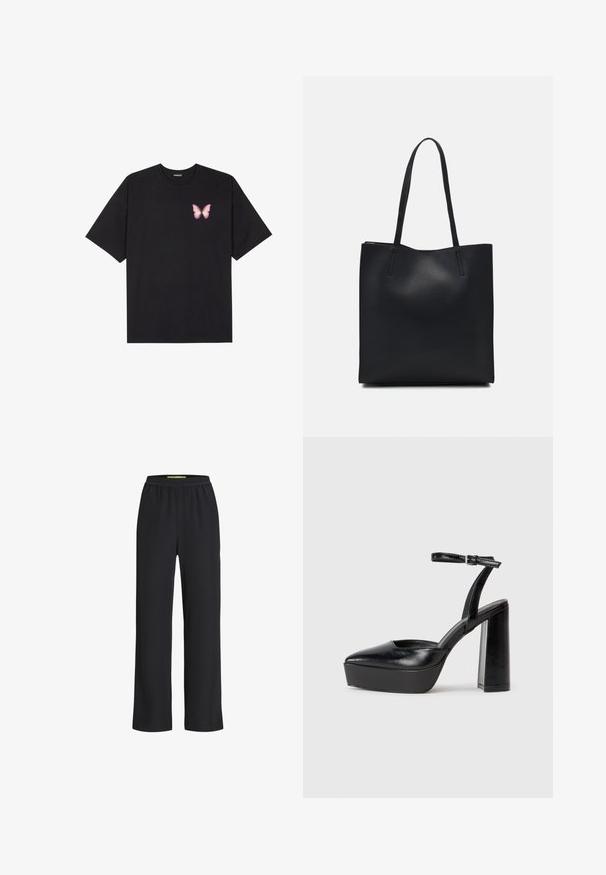 Čierne bavlnené tričko s krátkymi rukávmi, s malým ružovým motýlikom na ľavej hrudi. Design s okrúhlym výstrihom a uvoľneným strihom.; Čierne široké nohavice s elastickým pásom, vyrobené z mäkkého materiálu, s hladkou textúrou a voľným strihom po celej dĺžke nohavíc.; Čierne platformové podpätky so špicatou špičkou a nastaviteľným členkovým remienkom. Vyrobené z hladkej kože a so robustným blokovým podpätkom.; Čierna kožená taška na rameno s hladkým povrchom, obdĺžnikovým tvarom a dvoma dlhými uchami. Bez viditeľného kovania alebo ozdôb.