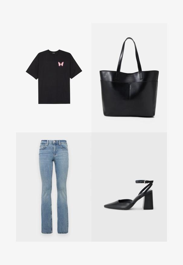 Black cotton t-shirt with short sleeves, featuring a small pink butterfly graphic on the left chest. Crew neck design with a relaxed fit.; Light blue denim flared jeans with a mid-rise waist, featuring five-pocket design, belt loops, and subtle fading on the thighs.; Black leather pointy-toe pump with an ankle strap and a chunky heel. Flat texture, sleek design, and minimalistic aesthetics.; Black leather tote bag with two long handles, a smooth texture, and a structured shape. Features a front pocket for additional storage.