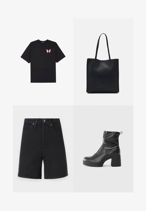 Black cotton t-shirt with short sleeves, featuring a small pink butterfly graphic on the left chest. Crew neck design with a relaxed fit.; Black denim shorts with a straight cut, five pockets, metal button closure, and subtle stitching details. Smooth fabric texture, medium rise.; Black ankle boots made of smooth leather, featuring a side zipper, chunky textured heel, and rounded toe design.; Black leather tote bag with smooth texture, rectangular shape, and two long handles. No visible hardware or embellishments.