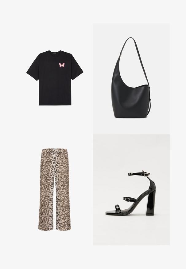 Schwarzes Baumwoll-T-Shirt mit kurzen Ärmeln, das ein kleines pinkes Schmetterlingsmotiv auf der linken Brust zeigt. Crewneck-Design mit einem entspannten Schnitt.; Leopardenmuster-Hosen aus leichtem Stoff mit weitem Beinschnitt und Kordelzugbund. Dominante Farben sind Beige, Braun und Schwarz.; Schwarze patentierte Sandalen mit Absatz, quadratischer Spitze, Knöchelriemen und silbernen Schnallen. Mit einem stabilen Blockabsatz für mehr Stabilität.; Schwarze Leder-Hobo-Tasche mit einer glatten Textur, geschwungener Form und einem einzelnen verstellbaren Tragegurt; verfügt über eine weite Öffnung am oberen Ende.