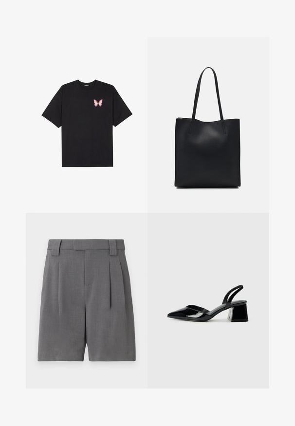 Black cotton t-shirt with short sleeves, featuring a small pink butterfly graphic on the left chest. Crew neck design with a relaxed fit.; Gray tailored shorts, made from a fine textured fabric. Features front pleats, belt loops, and side pockets for a structured look.; Black patent leather slingback heels with a pointed toe and a geometric block heel. Features a sleek, minimal design and smooth texture.; Black leather tote bag with smooth texture, rectangular shape, and two long handles. No visible hardware or embellishments.